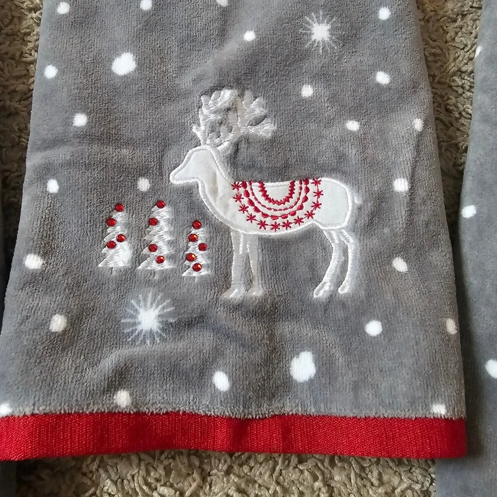 Arctic Holiday Christmas Hand Towels Set of 3 Reindeer Snowflake Gray Red Plush